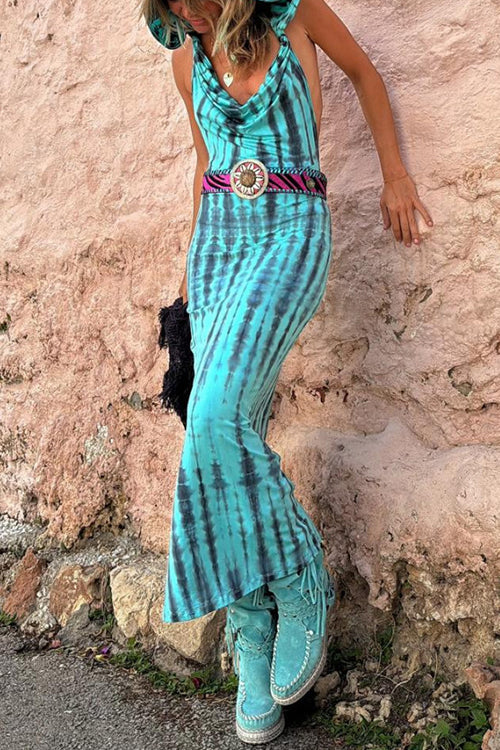 Cowl Neck Backless Tie Dye Hoodied Maxi Dress