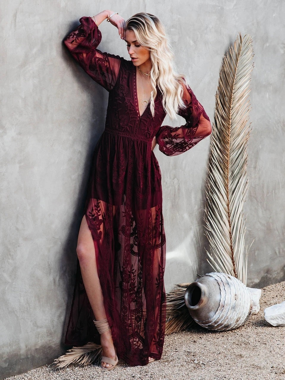 Lace Long-sleeved V-neck Solid Color Chiffon Long Dress