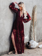 Lace Long-sleeved V-neck Solid Color Chiffon Long Dress
