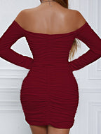 Off-the-shoulder Long-sleeved Pleated Bodycon Short Dress