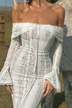 Off Shoulder Lace-Up Front Floral Lace Bell Sleeve Mermaid Maxi Dress