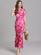 Embroidered 3D Floral Fitted Waist Short-sleeved Long Dress