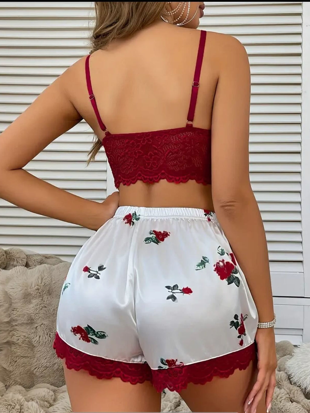 Deep V Lace Cutout Camisole Bra And Lace Trim Shorts Pajama Set