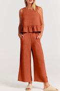 Crewneck Ruffle Tank Top Wide Leg Pockets Pants Set