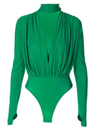 V-neck Slim Fit Pleated Decoration Base Layer Splicing Long-sleeved Bodysuit