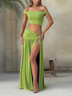 Off-shoulder Crop Top Tank Top And Fitted Side Slit Skirt Two-piece Set