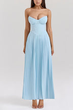 Strapless V Neck Pleated Corset Maxi Party Dress
