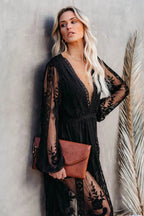 Lace Floral Embroidery Deep V-Neck Bishop Sleeve High Split Sheer Maxi Dress