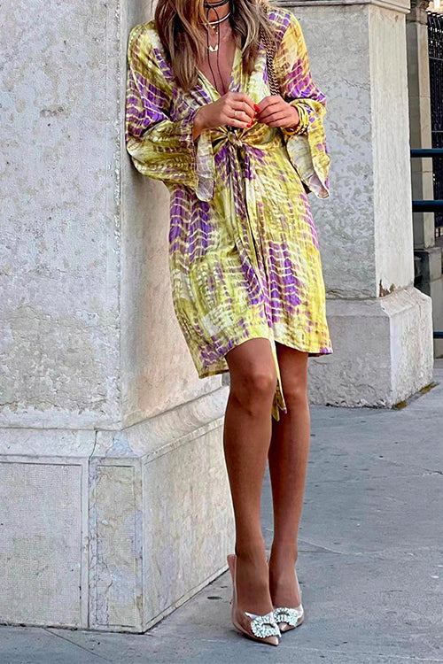 V Neck Knot Front Flare Sleeve Tie Dye Dress