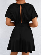 V-neck, Fitted Waist, Zippered, Glossy Short Dress