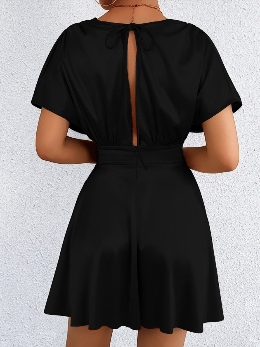 V-neck, Fitted Waist, Zippered, Glossy Short Dress