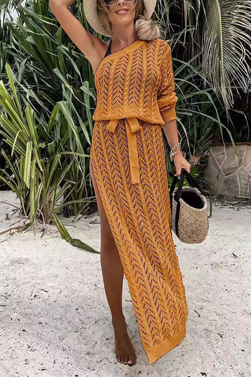 One Shoulder Long Sleeve High Split Hollow Out Beach Dress