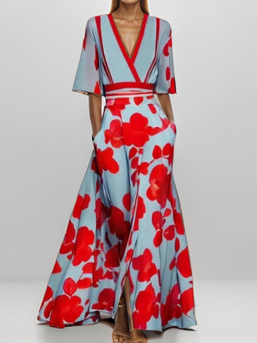 Pattern Printed Temperament V-neck Lace Up Large Skirt Maxi Dresses