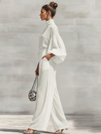Chiffon Stand-up Collar Puff Sleeve High-waisted Draped Wide-leg Pants Two-piece Set