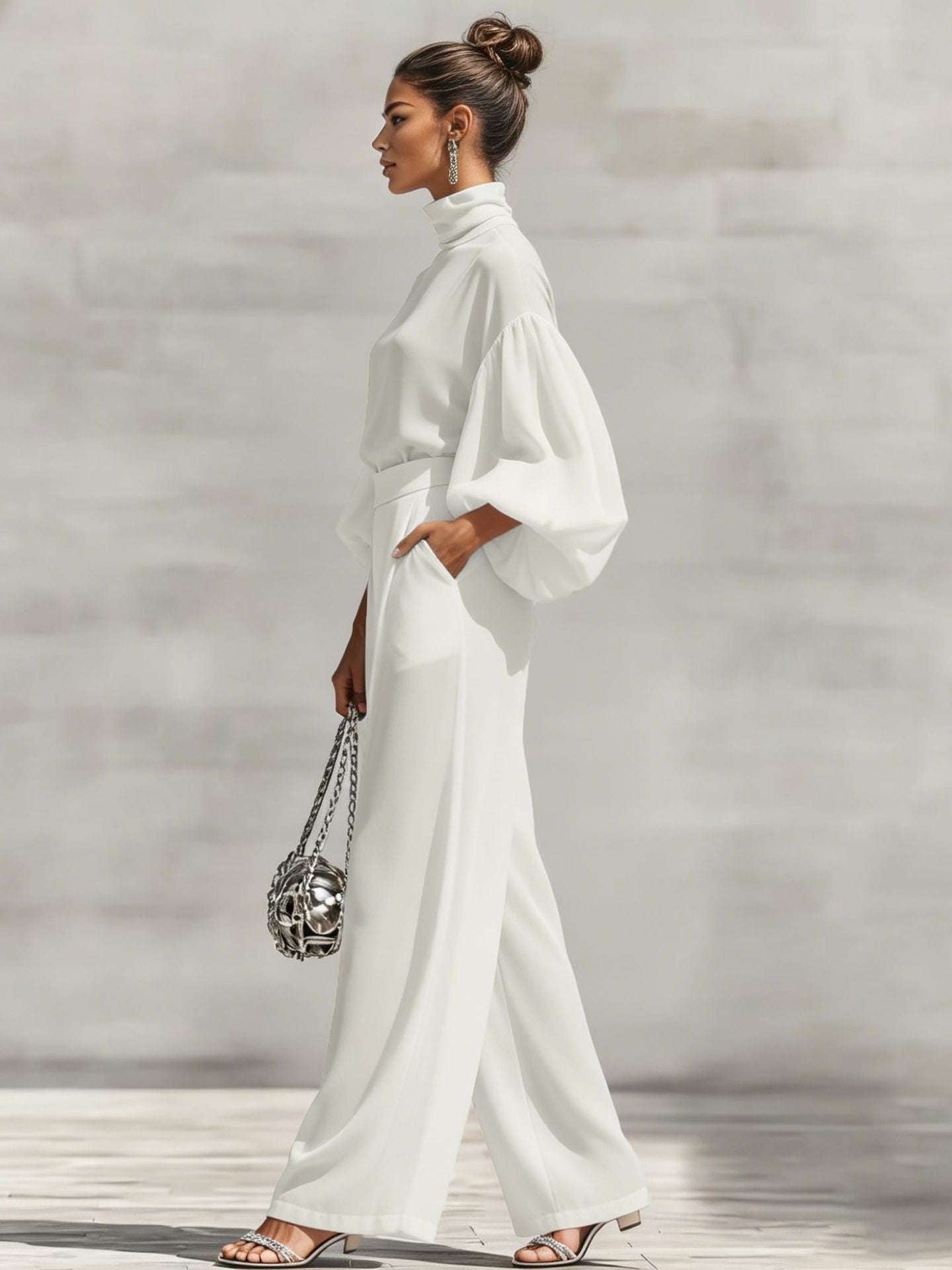 Chiffon Stand-up Collar Puff Sleeve High-waisted Draped Wide-leg Pants Two-piece Set