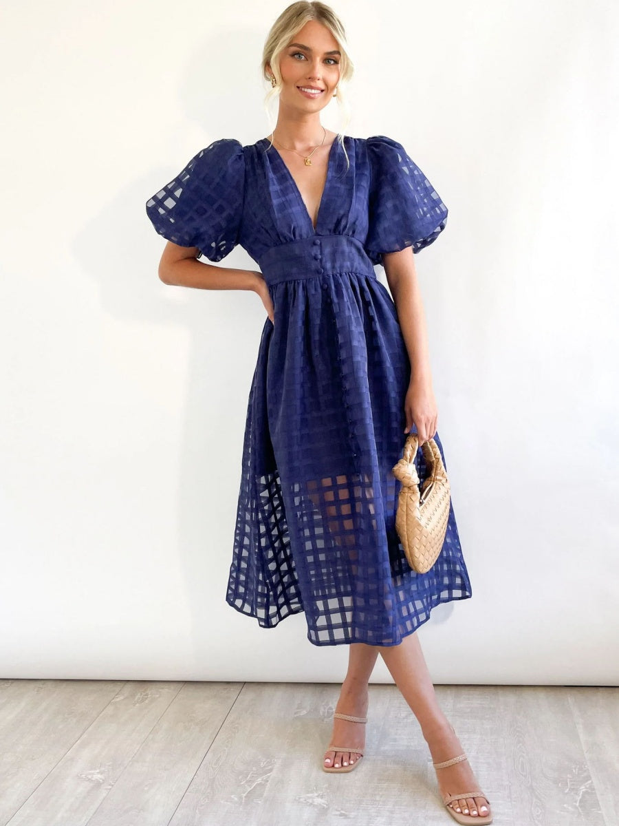 Balloon Sleeve Color Hollow Temperament Midi Dresses
