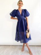 Balloon Sleeve Color Hollow Temperament Midi Dresses