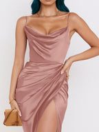 Camisoles Draped Collar Slit Sexy Formal Dress Maxi Dresses