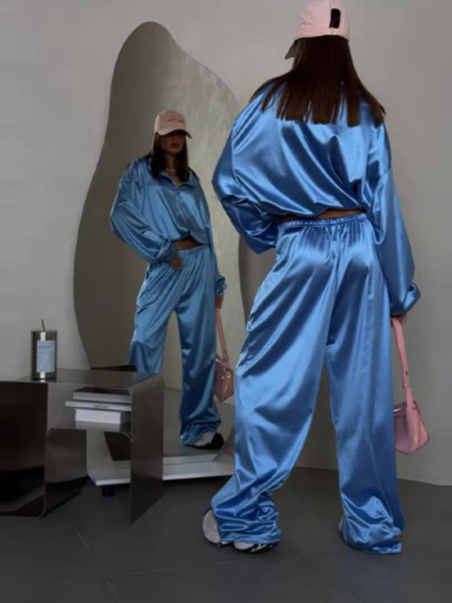 Zippered Loose Sweatshirt Jacket And Wide-Leg Pants Two-Piece Set