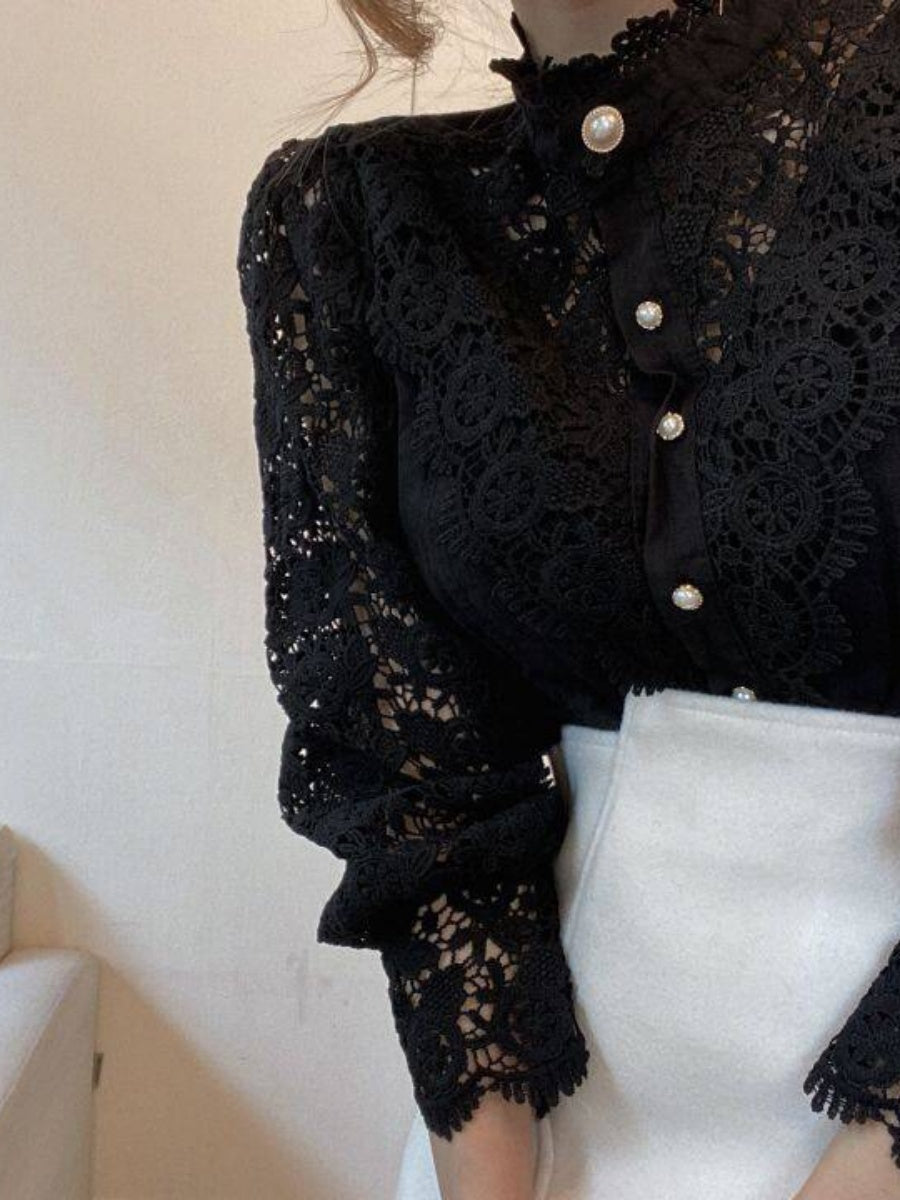 Button-up Lace Openwork Floral Patchwork Shirt