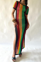 Side Slit Hollow Out Fishnet Striped Midi Dress