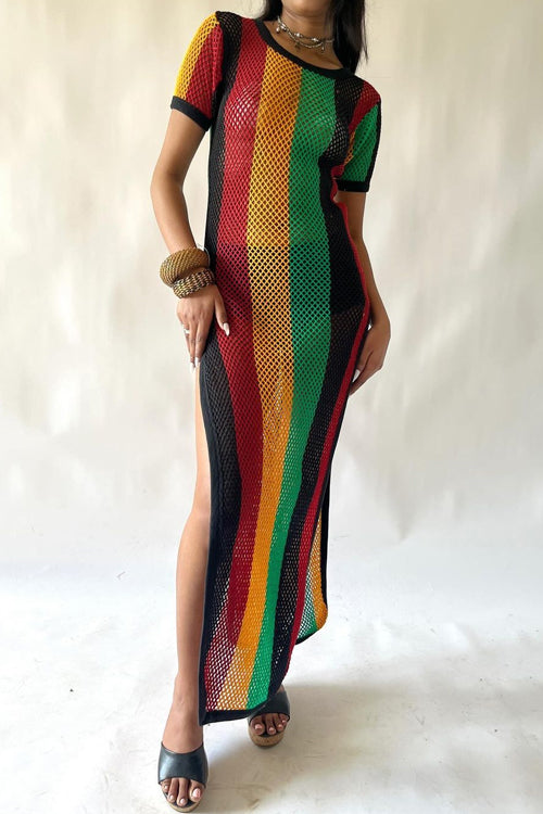 Side Slit Hollow Out Fishnet Striped Midi Dress