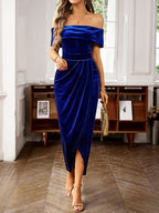 One-shoulder Collar Gathering Hip Velvet Maxi Dresses