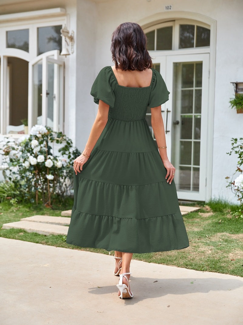 Square Neck, Backless, Puff Sleeve, Pleated Short-sleeved Long Dress
