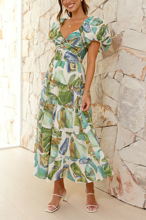 Twist Front Puff Sleeves Ruffle Tiered Printed Maxi Dress