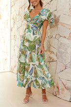 Twist Front Puff Sleeves Ruffle Tiered Printed Maxi Dress