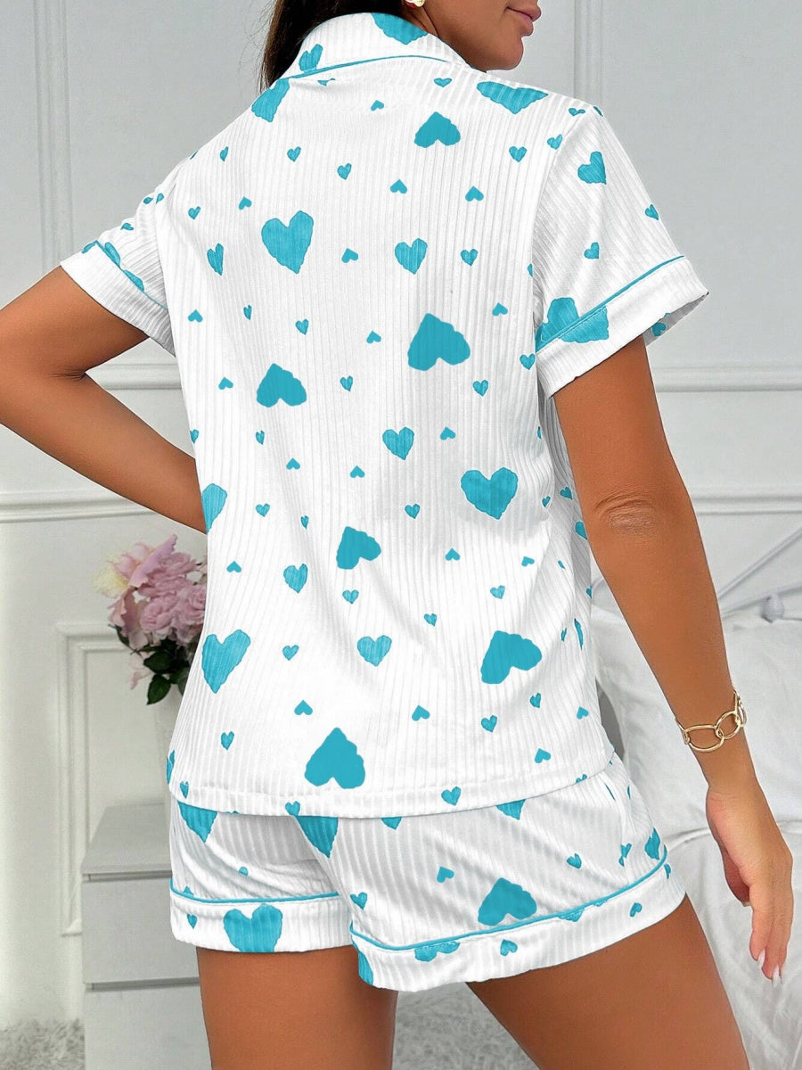 Heart-print Cardigan With Collar And Button-down Short Sleeves And Shorts, Two-piece Loungewear Set