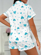 Heart-print Cardigan With Collar And Button-down Short Sleeves And Shorts, Two-piece Loungewear Set