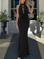 Halter Hollow Splicing Lace Sexy Slit Maxi Dresses