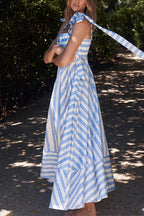 Pocketed Bow Shoulder Striped Swing Maxi Cami Dress