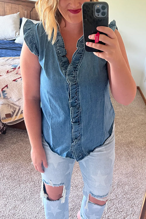 V Neck Ruffle Trim Sleeveless Denim Top