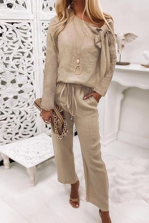 Side Bow Knot Neck Pullover Tie Waist Pants Lounge Set