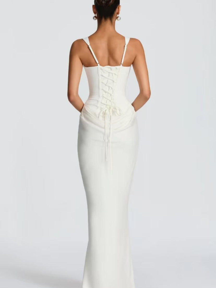 Fish Bones Waist Corset Pleated Camisoles Sleeveless Hip-hugging Maxi Dresses