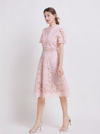 Lace Waist-cinching Hollow-out Midi Dress