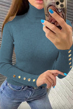 Turtleneck Gold Buttons Ribbed Knit Top