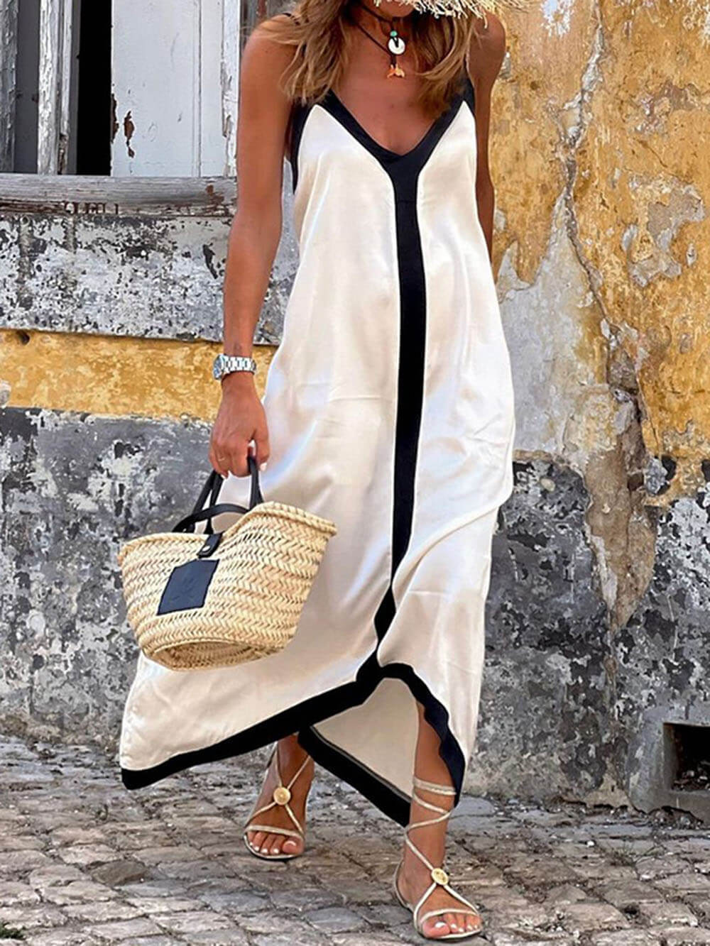 Deep V Neck Spaghetti Strap Contrast Panel Floor Length Slip Maxi Dress