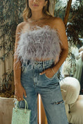 Strapless Faux Feather Crop Top