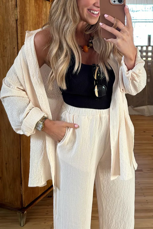 Long Sleeves Side Slit Blouse Shirt Elastic Waist Wide Leg Pants Set