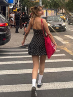 Polka Dot Print Fitted Waist Strapless Halter Neck Short Dress