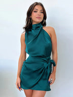 Satin Belted Sleeveless Stand Collar Tie Waist Short Dress