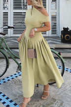 Elegant Asymmetric Shoulder Pleated Swing Maxi Dress