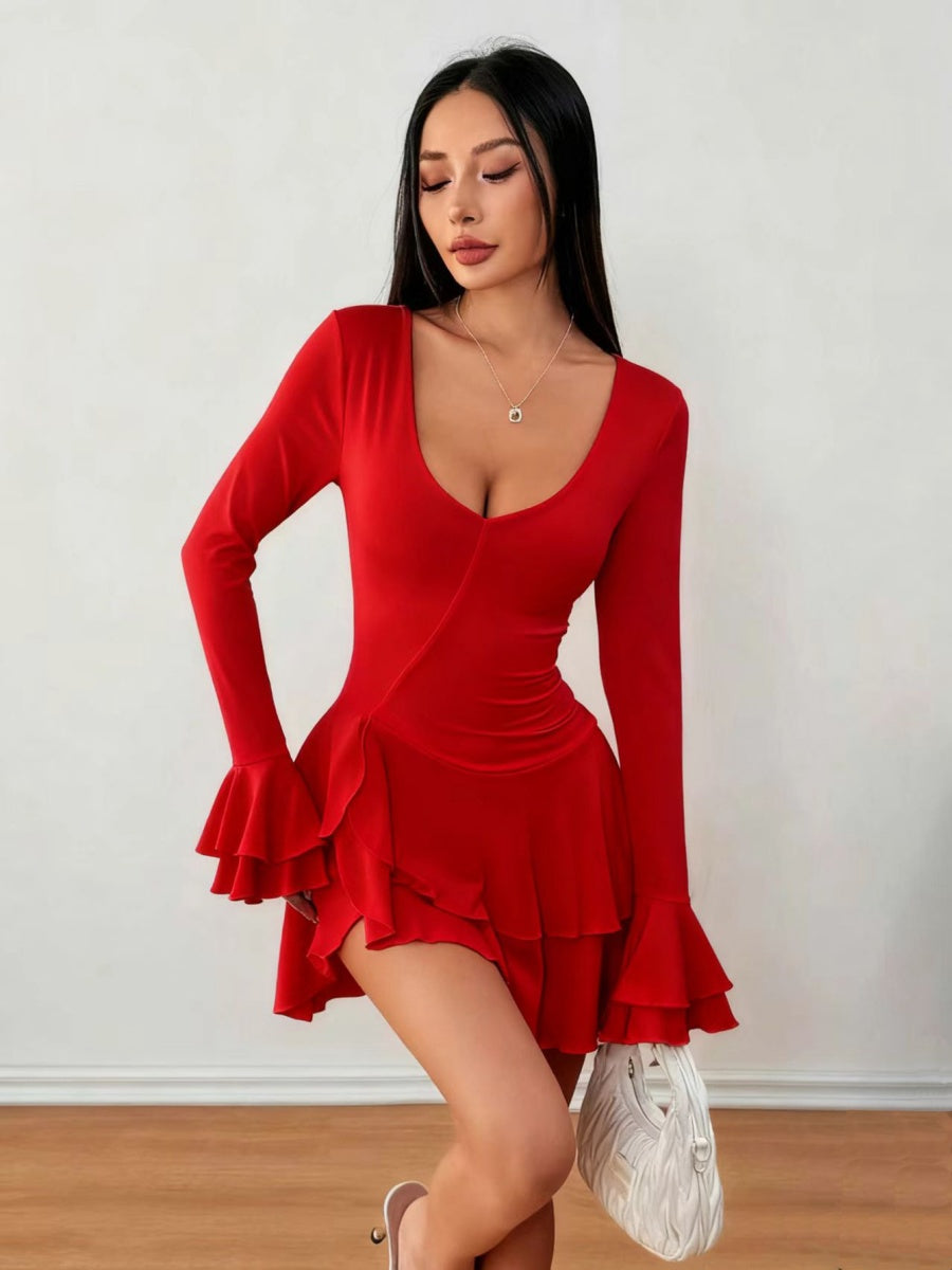 V-neck Long Sleeve Ruffle Mini&Short Dresses