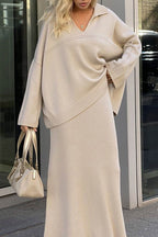 Lapel V Neck Sweater Skirt Set