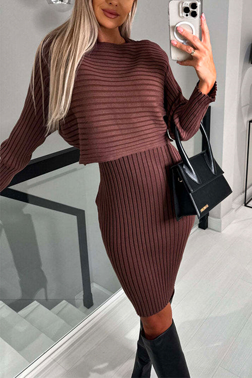 Ribbed Knit Long Sleeves Crop Pullover and Bodycon Cami Dress Set