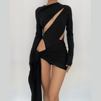 Long sleeve solid hollow out button bodysuit mini dress skirt set