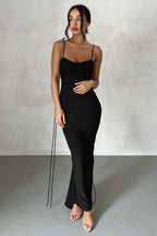 Tie Shoulder Deep Open Back Ruched Bodycon Maxi Dress